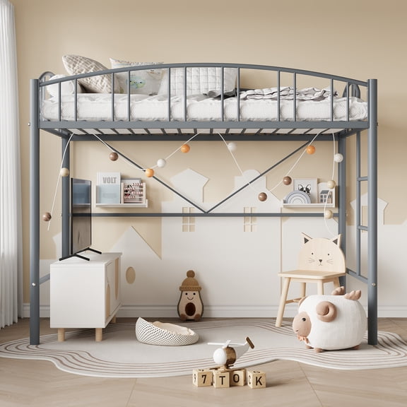 Space-Saving Heavy Duty Loft Bed Frame – Twin Size Metal Bed with Arched Guardrail, Safety Ladder, Sturdy Steel Slats, Minimalist Modern Style – No Box Spring Needed – Matte Gray, TWIN Size