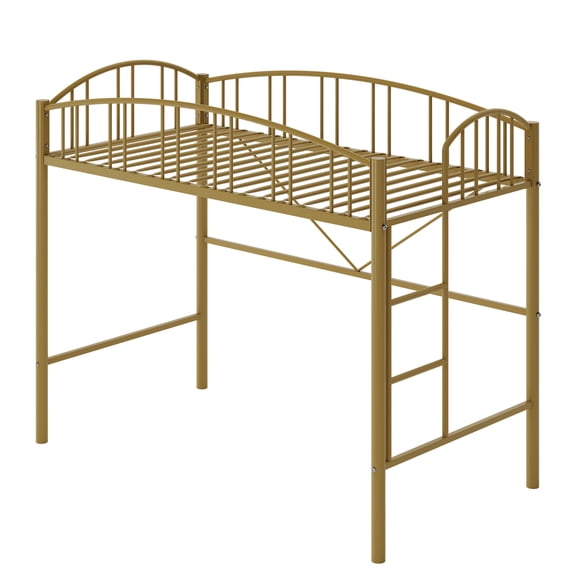 Space-Saving Heavy Duty Loft Bed Frame – Twin Size Metal Bed with Arched Guardrail, Safety Ladder, Modern Gold Finish – No Box Spring Needed