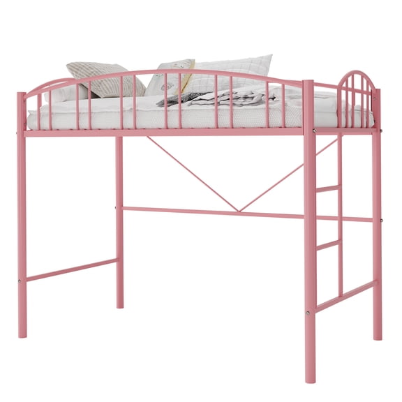 Space-Saving Heavy Duty Loft Bed Frame – Twin Size Metal Bed with Arched Guardrail, Safety Ladder, Modern Gold Finish – No Box Spring Needed