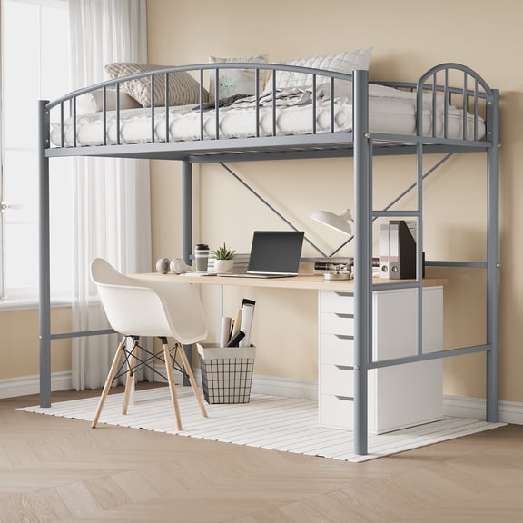 Space-Saving Heavy Duty Loft Bed Frame – Twin Size Metal Bed with Arched Guardrail, Safety Ladder, Modern Gold Finish – No Box Spring Needed