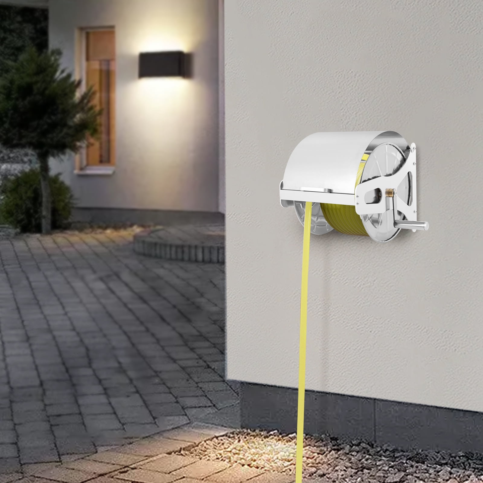 Space Saving Hose Reel, Holds 50M Hose, 360° Swivel Outlet, Easy Wind Handle, for Organized Lawn and Garden Care