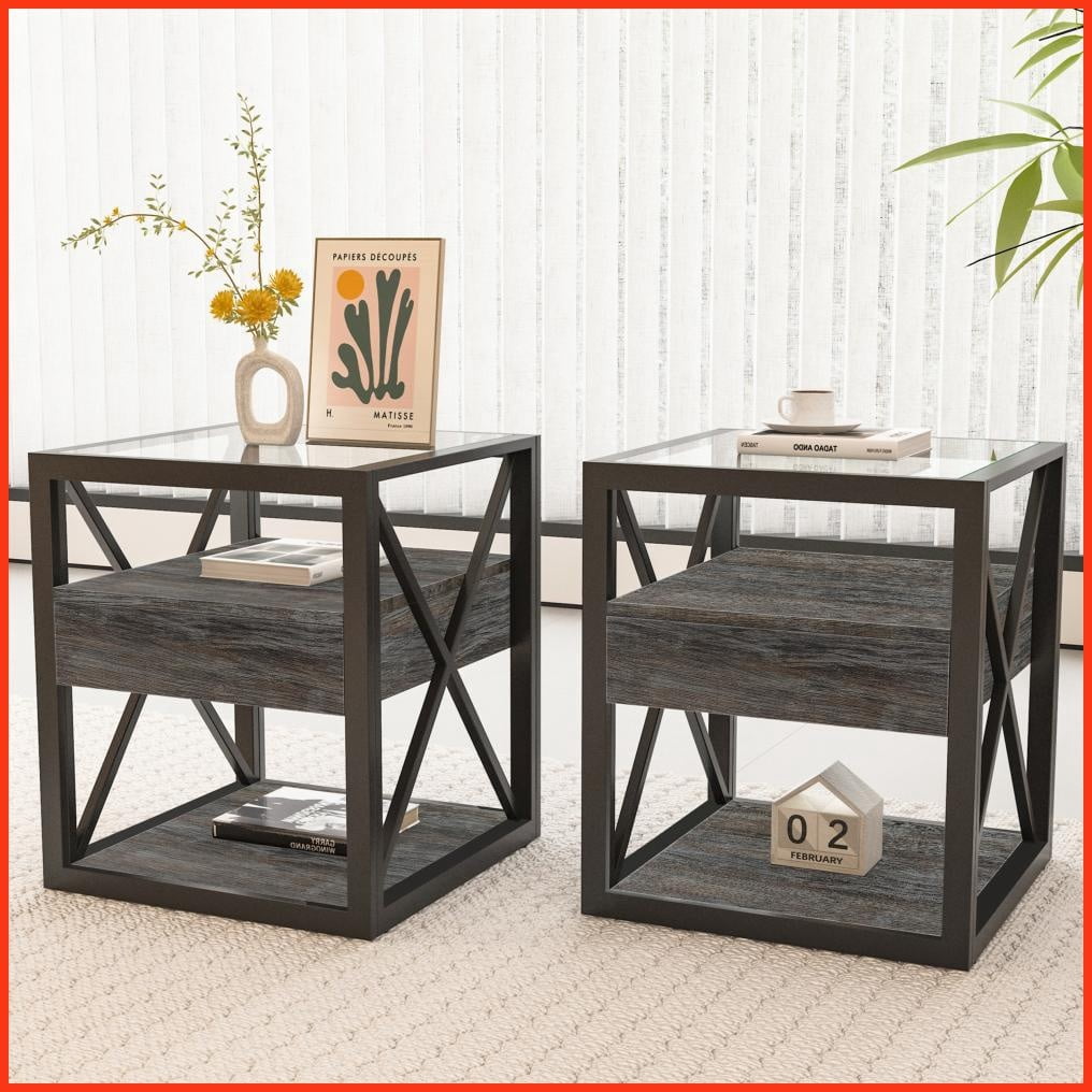 Image showcasing Space-Saving Industrial Coffee Table with Drawer - Easy-Clean Tempered ...