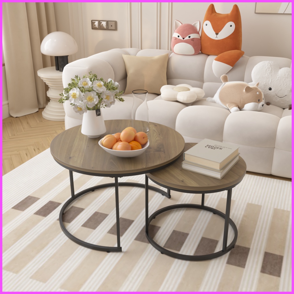 Space-Saving Industrial Wood-Look Round Coffee Table Set of 2, Sturdy ...
