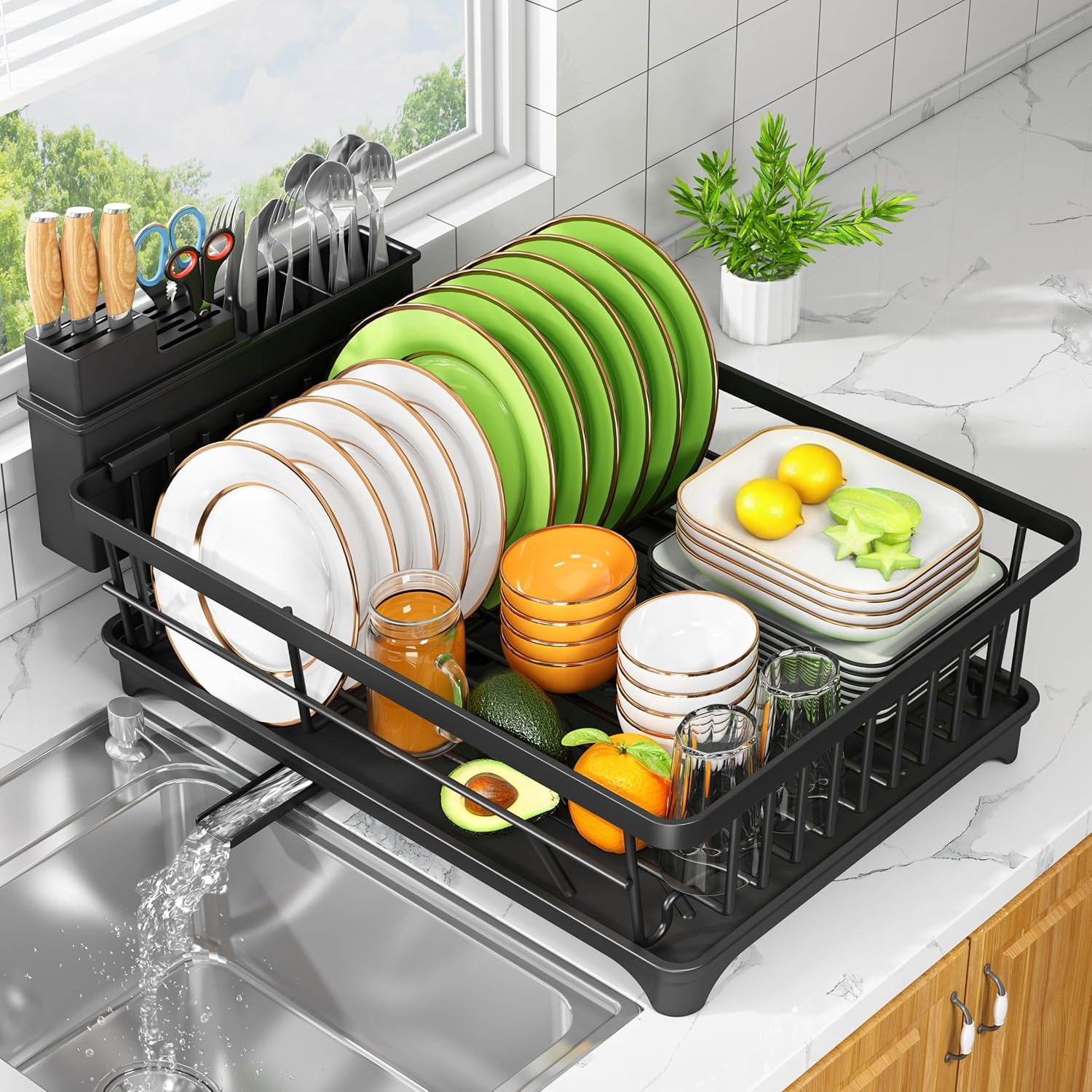 Dish Drying Rack - Space-Saving Small for Kitchen Counter, Rust-Resistant Rack, Compact Drainer Organizer with Utensil Holder Home Kitchen, Black