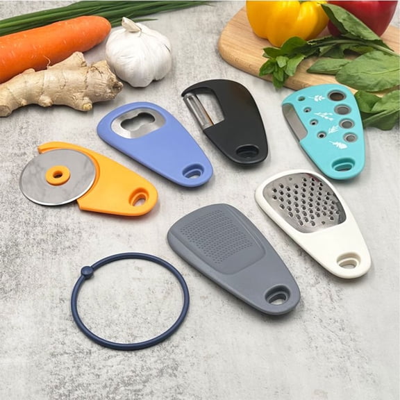 Space Saving Kitchen Gadgets Set 6, Stainless Steel Garlic Grinder Cheese Grater Vegetable Fruit Peeler Pizza Stripper Cooking Tools for Small Kitchens, 4.9x2.7 in, Sky Blue