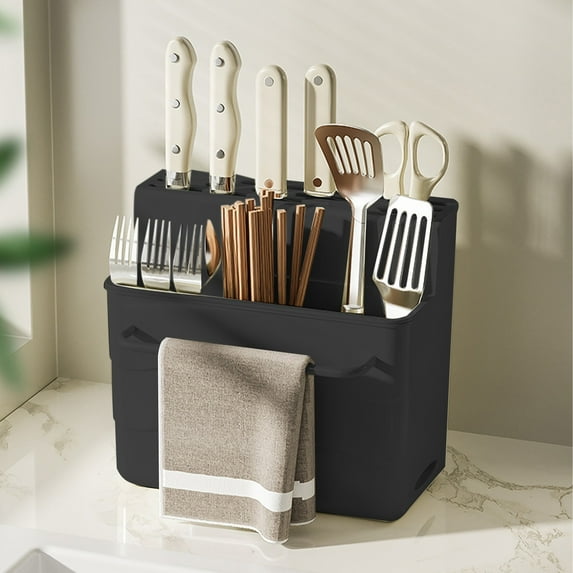 Space-Saving Kitchen Knife Holder - Removable Draining Tray & Multi-Layer Design for Utensils, Forks & Cooking Tools (Sturdy No-Tip)
