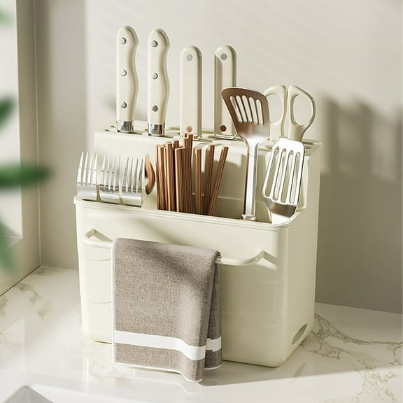 Space-Saving Kitchen Knife Holder - Removable Draining Tray & Multi-Layer Design for Utensils, Forks & Cooking Tools (Sturdy No-Tip)