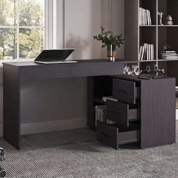 Space-Saving L-Shape Work Desk Open Storage Particle Board Sleek Black for Home Office, Studio, Bedroom