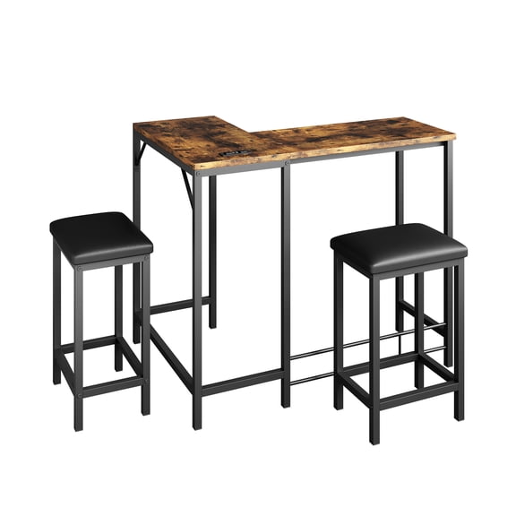 Space-Saving L-Shaped Bar Table Set with Power Outlets – 63" Counter Height Dining Table for 2-4 – Breakfast Nook Corner Table with 2 Stools – Modern Living Room Furniture