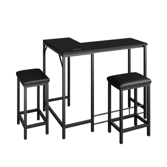 Space-Saving L-Shaped Bar Table Set with Power Outlets – 63" Counter Height Dining Table for 2-4 – Breakfast Nook Corner Table with 2 Stools – Modern Living Room Furniture