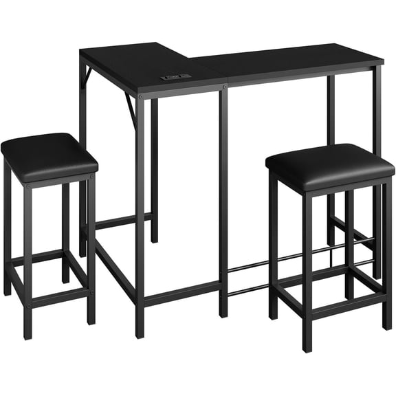 Space-Saving L-Shaped Bar Table Set with Power Outlets & USB - 63" 3- Counter Height Dining Set with 2 Stools - Breakfast Nook Corner Table for Apartment or Small Space - Modern