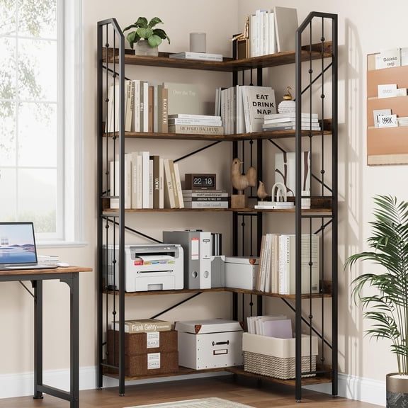Space-Saving L-Shaped Corner Bookshelf – 5-Tier Industrial Bookcase with Beaded Design, Sturdy Metal Frame & MDF, Modern Display Shelf for Living Room, Bedroom, or Home Office