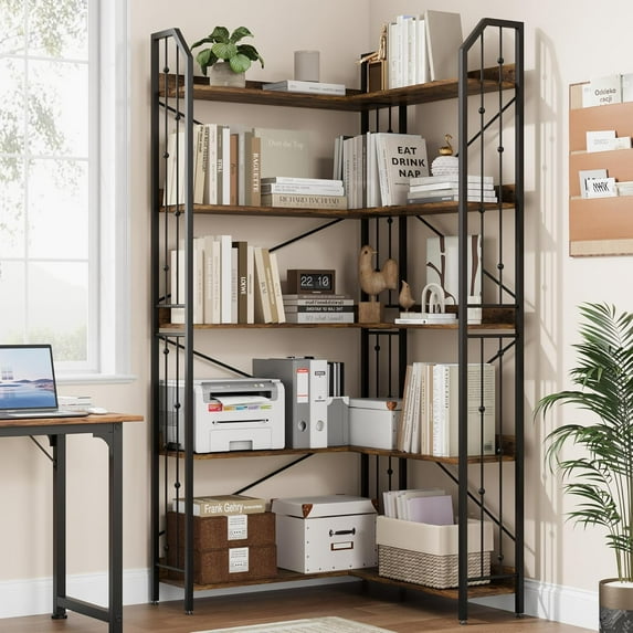 Space-Saving L-Shaped Corner Bookshelf – 5-Tier Industrial Bookcase with Beaded Design, Sturdy Metal Frame & MDF, Modern Display Shelf for Living Room, Bedroom, or Home Office