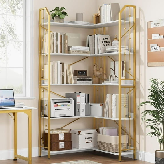 Space-Saving L-Shaped Corner Bookshelf – 5-Tier Industrial Bookcase with Beaded Design, Sturdy Metal Frame & MDF, Modern Display Shelf for Living Room, Bedroom, or Home Office