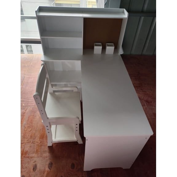 Space-Saving L-Shaped Study Desk with Seating, Multi-Functional Organization System, Cork Bulletin Board, Open Shelves & Fabric Storage Drawers,Compact Furniture Solution