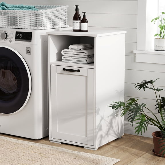 Space Saving Laundry Cabinet with 2 Removable Liner Bags for Small Spaces, White Particle Board + MDF Hamper for Bathroom or Dorm