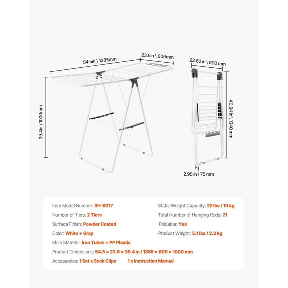 Space-Saving Laundry Drying Rack, 2-Tier Foldable Design, 21 Rods & Sock Clips - White