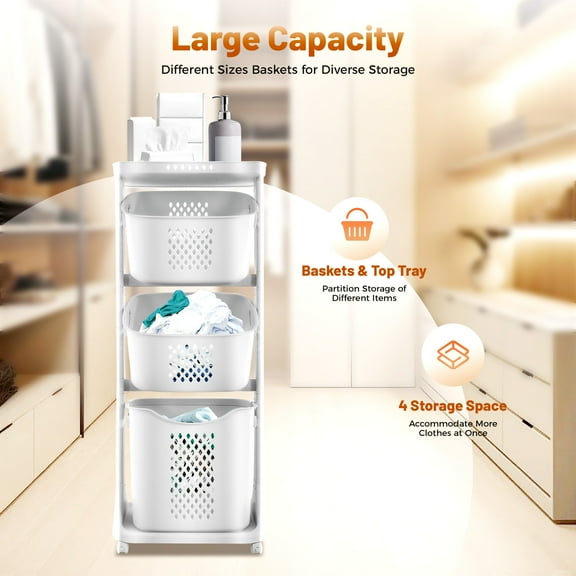 Space-Saving Laundry Organizer - Stackable PP Baskets, 360 Wheels & Top Shelf for Detergents