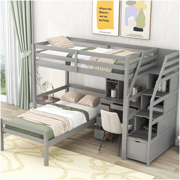 Space Saving Loft Bed Frame with Desk, Stairs with Drawers and Detachable Bed, Gray