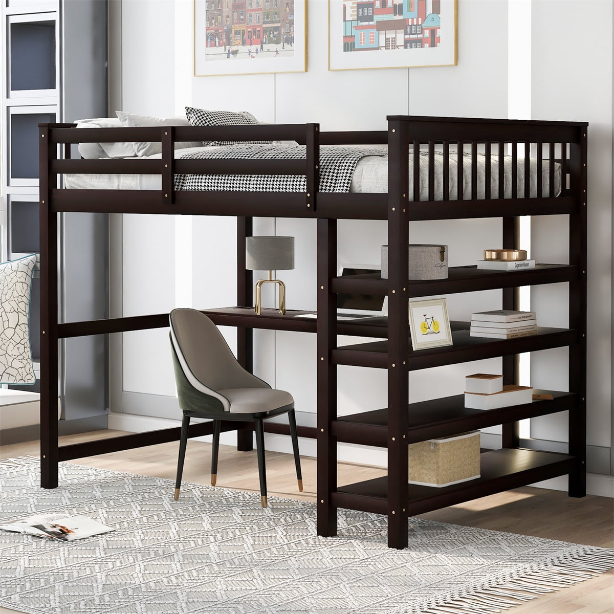 Space Saving Loft Bed, Full Size Loft Bed with Storage Shelves and