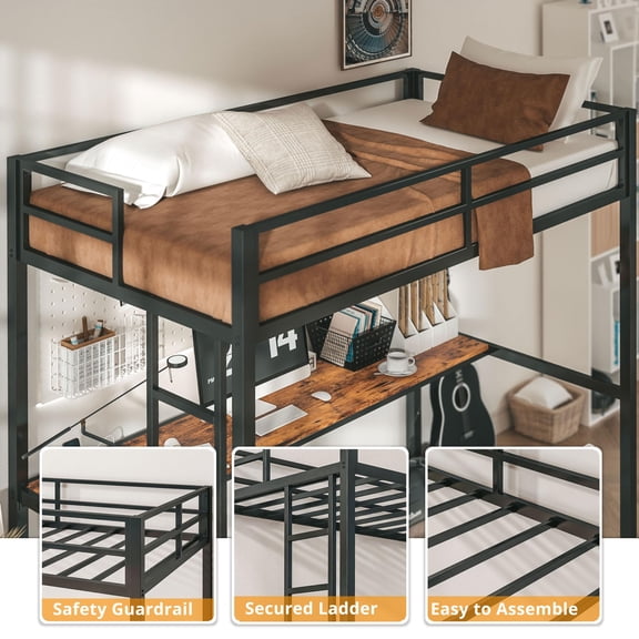 Space-Saving Loft Bed Twin Size, Desk with Power Outlet and Smart LED Light, Durable 400lb Capacity Frame, Ideal for Dorm or Apartment, Black