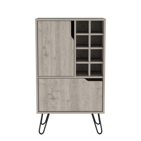 Space Saving Manhattan L Bar Cabinet with Eight Built-in Wine Rack, Single Door Light Gray for Narrow Living Room