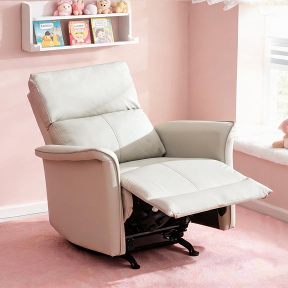 Space-Saving Manual Rocker Recliner Chair with Rocking Glider 150 Recline, Gray-Toned PU Leather