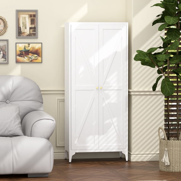 Space Saving Metal Storage Cabinet with Adjustable Shelves, 2 Doors White Steel Pantry Cabinet for Kitchen, Living Room, Dining Room and Office, 64.96x27.56x13.78 Inches