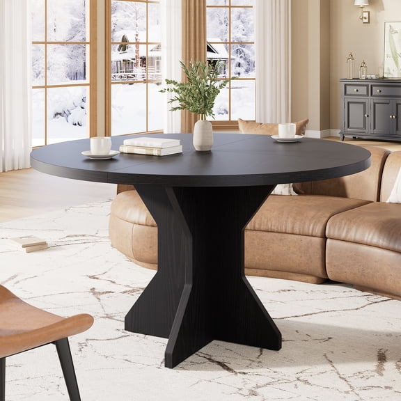 Space-Saving Modern 47" Round Dining Table for 4-6 People - Sturdy Pedestal Base - Ideal for Apartment, Living Room, Kitchen - Black Wood Grain Finish