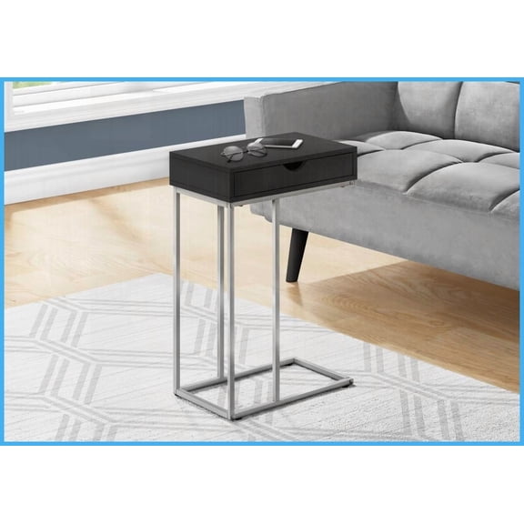 Space-Saving Modern C-Shaped Coffee Table - Black Laminate & Grey Metal, Sliding Base for Easy Access