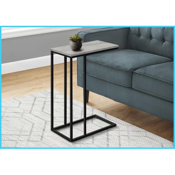 Space-Saving Modern C-Shaped Coffee Table - Grey Wood-Look Laminate & Black Metal, Easy to Slide Under Sofa