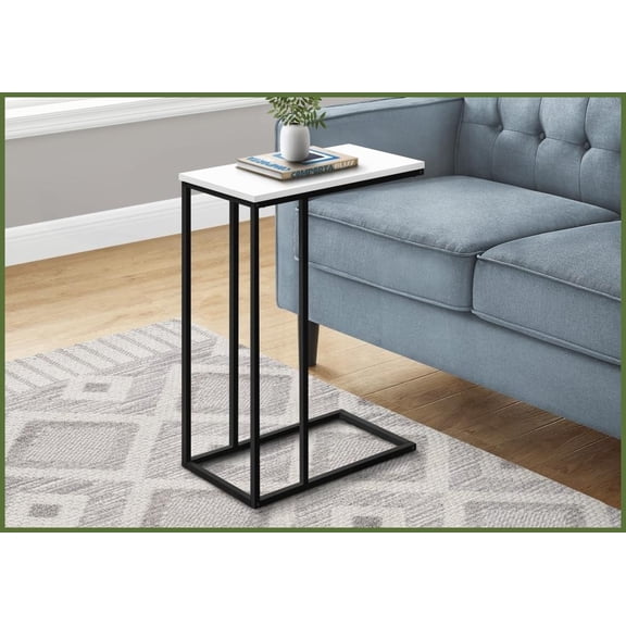 Space-Saving Modern C-Shaped Coffee Table - White Laminate Top & Black Metal Base for Living Room Bedroom