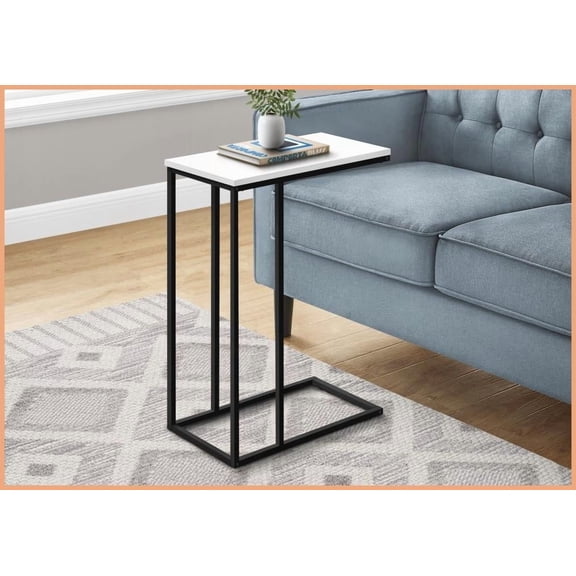 Space-Saving Modern C-Shaped Coffee Table - White Laminate Top & Black Metal Base for Living Room Bedroom