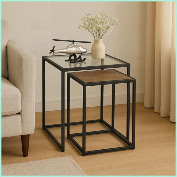 Space-Saving Modern Glass & Metal Nesting Coffee Table Pair, Easy to Clean for Living Room