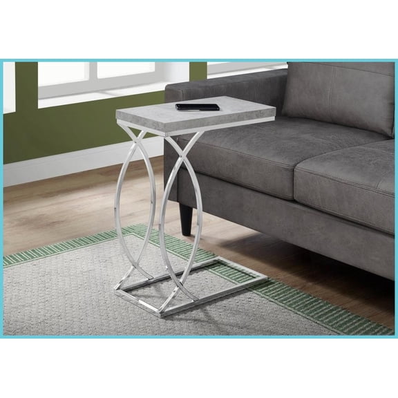 Space-Saving Modern Grey Cement-Look Laminate Coffee Table, C-Shaped Chrome Metal Accent Table for Living Room