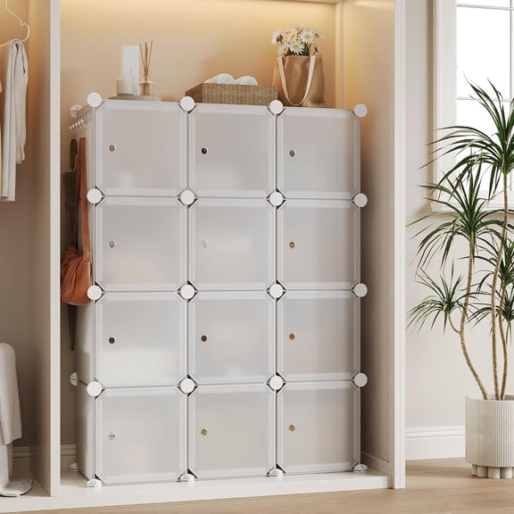 Space Saving Modular Shoe Storage Cabinet – 12 Cube Stackable Organizer with Doors, Plastic Shelves, Easy Assembly, Ideal for Bedroom, Entryway, Closet, Living Room, White