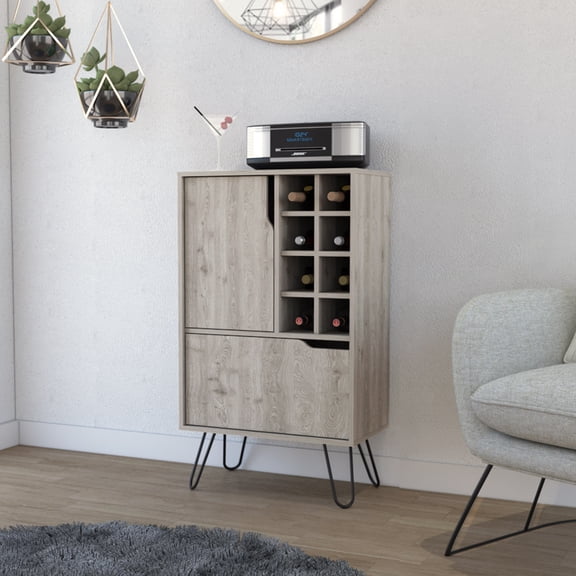 Space Saving Narrow Bar Cabinet with Wine Rack, Light Gray Particle Board Cabinet for Small Spaces, Single Door Storage Cabinet