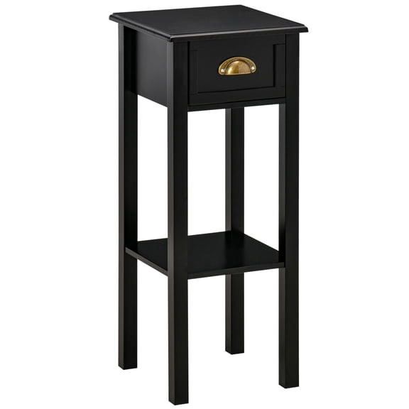 Space Saving Narrow End Table with Drawer, 2-Tier Slim Nightstand with Shelf for Bedroom Living Room, Black Metal Knob