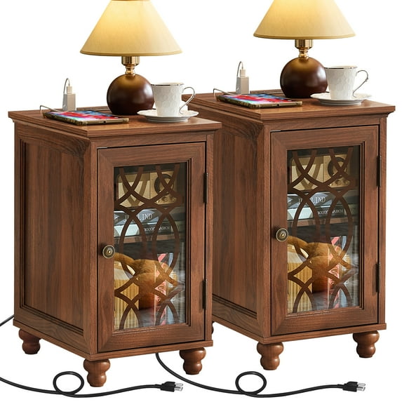 Space-Saving Narrow Nightstand Set of 2 with Built-In USB Hub, Adjustable End Table with Shelf & Glass Door, Brown