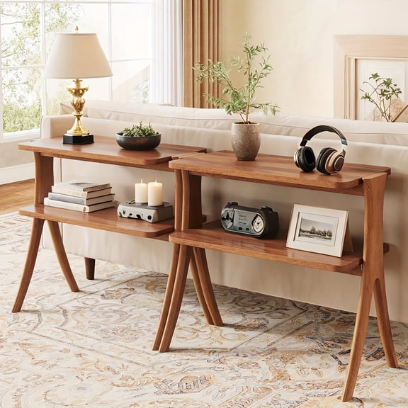 Space Saving Narrow Side Table, Modern Farmhouse End Table and Nightstand with 2 Tier Storage Shelf, Slim Tall Design 26.4 Inch Height Easy Assembly