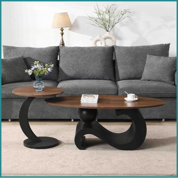 Space-Saving Nesting 2-Piece Coffee Table Set - Oval & Round MDF Top, Easy 20-Min Assembly