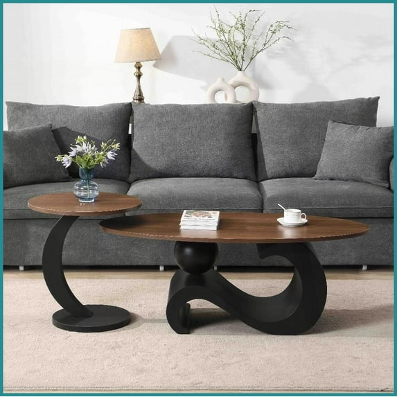 Space-Saving Nesting 2-Piece Coffee Table Set - Oval & Round MDF Top, Easy 20-Min Assembly