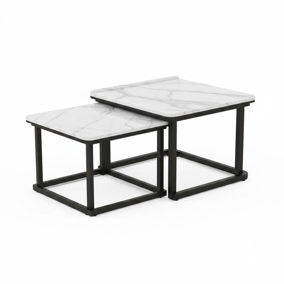 Space-Saving Nesting Coffee Table Set of 2 – Square Modern Stacking Tables – Versatile MDF End Tables for Living Room, Bedroom, or Balcony – Mid Century Style – White