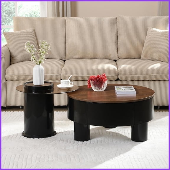Space-Saving Nesting Coffee Table Set for Living Room - Black Plastic with Storage Drawer