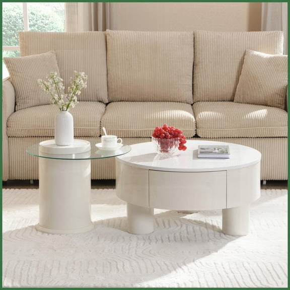 Space-Saving Nesting Coffee Table Set of 2 (27.56''/19.69'') White Plastic with Storage Drawer for Living Room