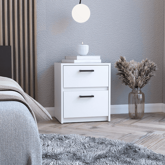 Space Saving Nightstand with 2 Drawers, White Particle Board End Table with Metal Handles for Bedroom Living Room, 15.7 W x 12.7 D x 18.6 H