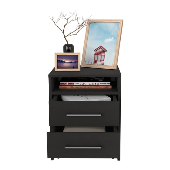 Space Saving Nightstand with 2 Drawers and Open Shelf, 24-Inch Tall Narrow Side Table for Bedroom, Living Room, Small Spaces, Particle Board, Black