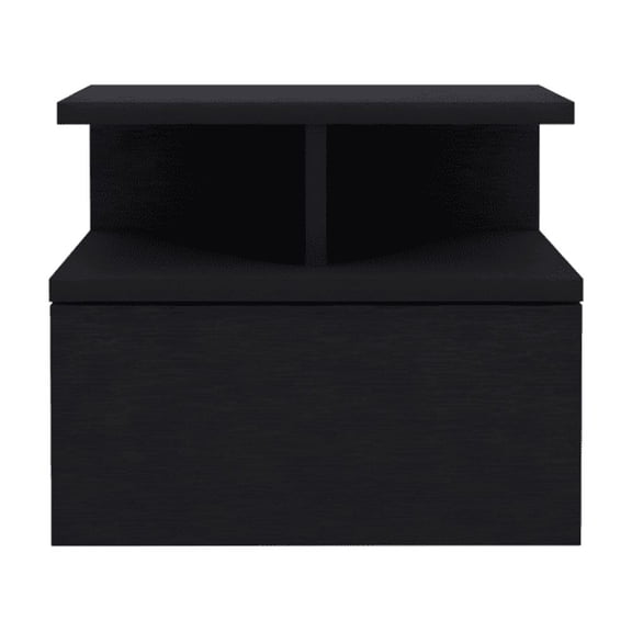 Space Saving Nightstand with Drawer: Adele Floating End Table, Side Table with Open Shelf, 14W x 13.2D x 11.6H, Black Particle Board