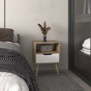 Space Saving Nightstand with USB for Small Bedroom, Wenden 21 High Nightstand One Drawer Open Shelf Natural Oak White