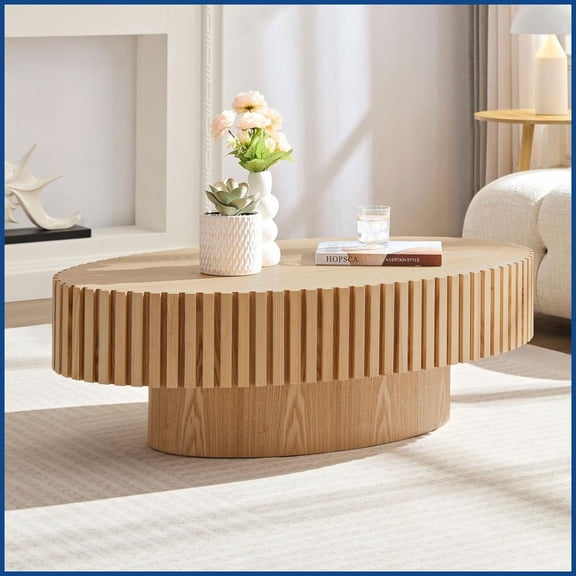 Space-Saving Oval Coffee Table for Living Room, 43.7-Inch, Natural Ash MDF, Easy to Clean & Assemble